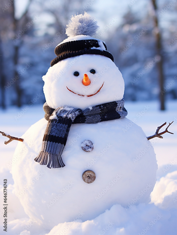 Obraz premium Christmas background with Cute Snowman in snow - ai generative