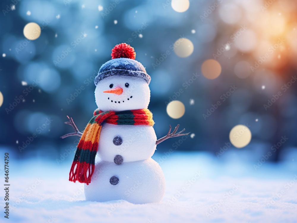 Christmas background with Cute Snowman in snow - ai generative