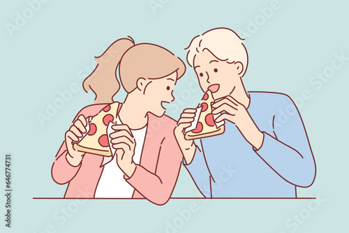Hungry friends eat pizza and bite into italian appetizer with tomatoes or pepperoni with appetite