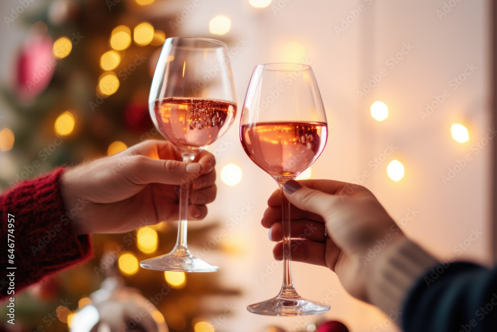 Happy couple toasting with glasses of rose wine celebrating holidays, beautiful Christmas table setting and decoration in the background