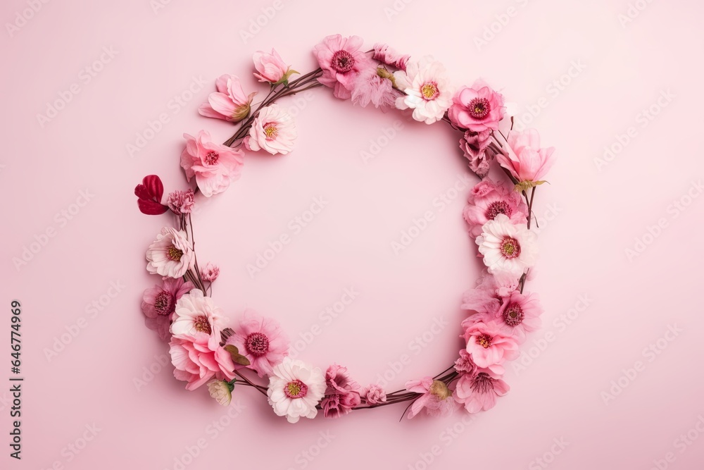 Different small flowers in a wreath on pink background with copy space. Abstract natural floral frame layout with text space. Romantic feminine flatlay. International Women day, Mother, Generative AI