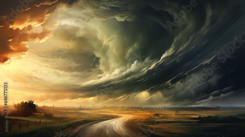 drawing of a tornado on the road in a field sunset colors. © kichigin19
