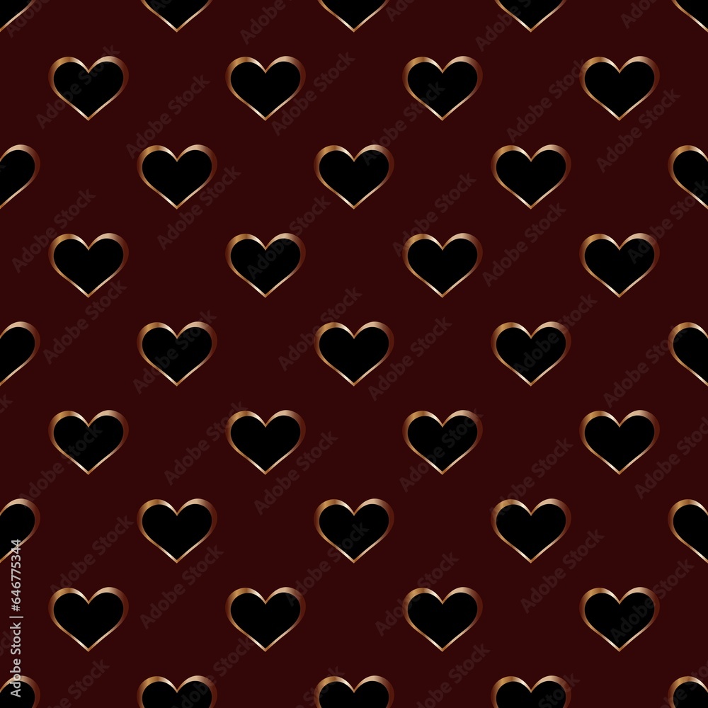 black hearts with a gold border on a maroon background. seamless monochrome pattern. cover. print. vector illustration.