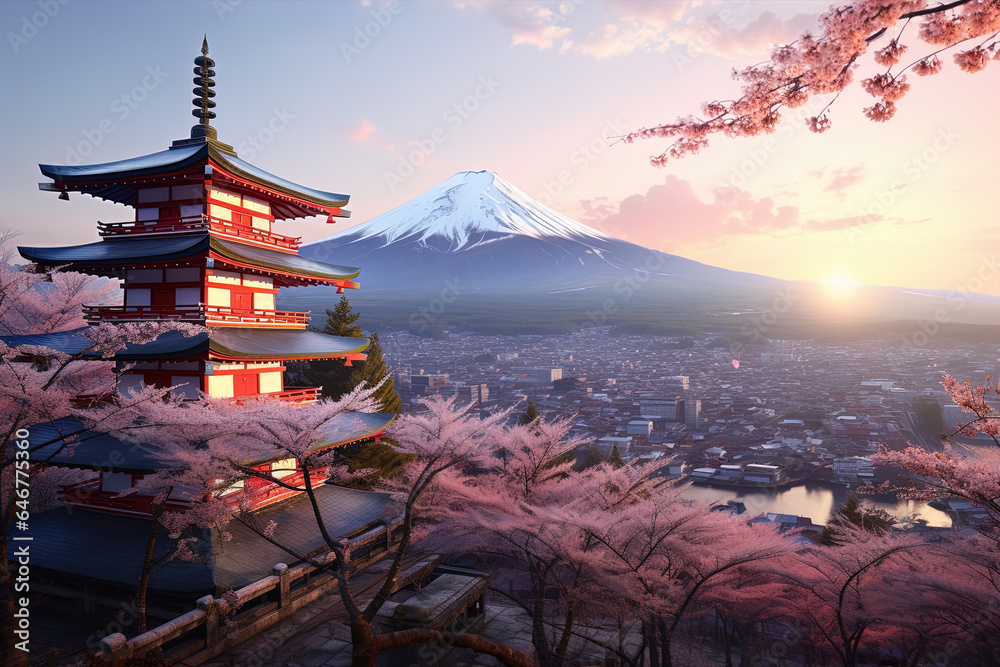 Chureito, Fujiyoshida, Japan's picturesque landscape and iconic Mount Fuji, colorful cherry trees, Sakura. - obrazy, fototapety, plakaty 