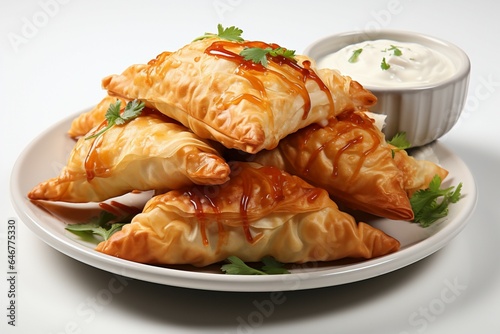 Folded dough pockets filled with savory delights on a pure white canvas
