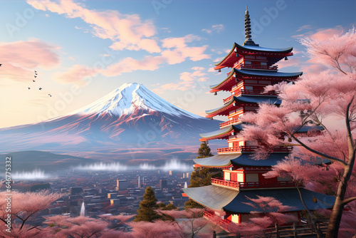 Chureito  Fujiyoshida  Japan s picturesque landscape and iconic Mount Fuji  colorful cherry trees  Sakura.