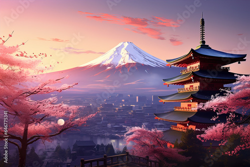 Chureito, Fujiyoshida, Japan's picturesque landscape and iconic Mount Fuji, colorful cherry trees, Sakura.