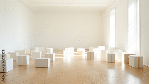 cardboard boxes in a large empty bright room, relocating.