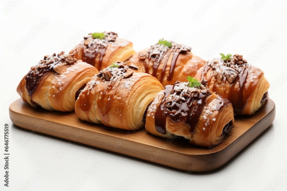 Freshly baked Danish treats resting beautifully on a spotless white background