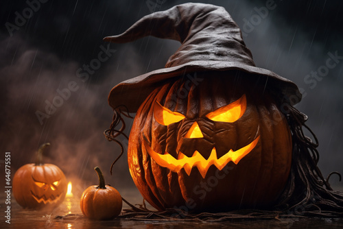 Glowing pumpkin with witch hat and candle on rainy Halloween night Generative AI