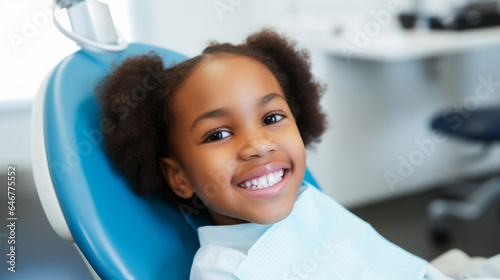 Child at the dentist office. Happy school aged child sitting on dentist chair. Healthcare concept