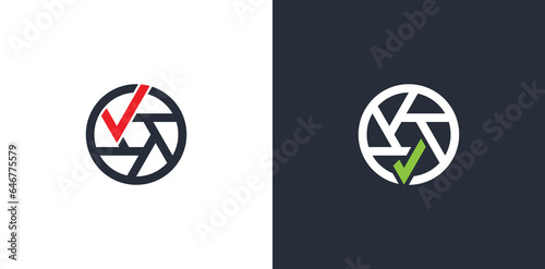Camera Shutter Check Logo Concept icon sign symbol Design Element. Photographer, Tick, Photography Logotype. Vector illustration template
