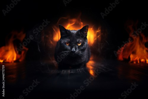 Intense Stare of Black Cat with Glowing Orange Eyes on Black Pedestal with Flames