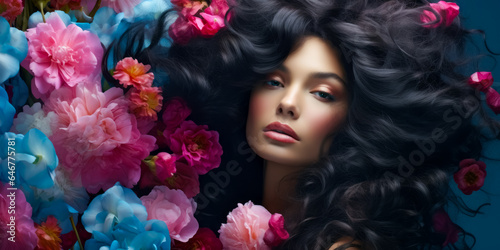 brunette with gorgeous voluminous long dense hair surrounded flowers. hair dye, hairstyle, haircare