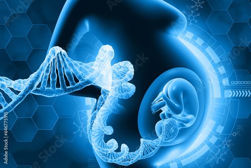 Foto Pregnant woman with fetus and DNA. 3d illustration..