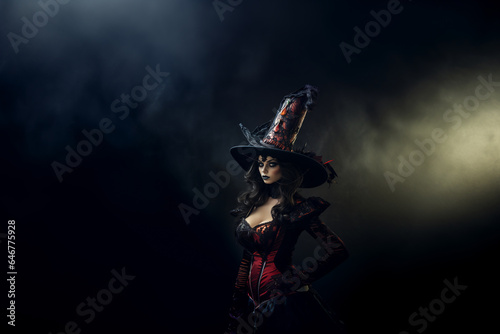 Generative AI - Bewitching Halloween Witch, elegant in Black and Red Dress