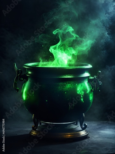 Magic Green Pot Halloween Witch Cauldron. ai generated
