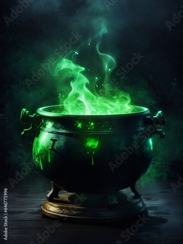 Magic Green Green Pot Halloween Witch Cauldron. ai generated