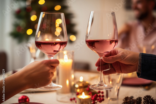 Happy couple toasting with glasses of rose wine celebrating holidays  beautiful Christmas table setting and decoration in the background