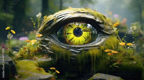 Surreal creepy green moss covered eye of the swamp, nature watches, eye of the beholder, guardian keeping a close eye, observing every move - generative AI 