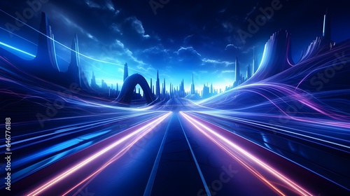 Speed blur zoom effect, night city neon color motion on a speedway, panoramic speed technology concept, lights abstract background. Sci-fi illustration with neon lights, city, and road. Generative AI.