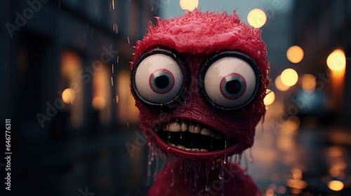 Cute but lost alien monster stuffed toy with soaking wet red fur and crooked teeth roaming the streets of London city, big bulging eyes and quirky expression - generative ai