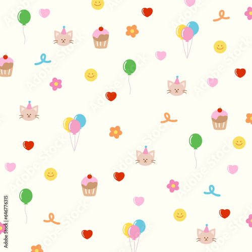 Happy birthday background with cute cat, cupcake, candle, balloons, heart and flower for gift wrap, packaging, birthday party backdrop, wallpaper, social media post, print, pattern, cafe, menu, recipe