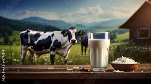 A glass of cow's milk on the background of the mountains