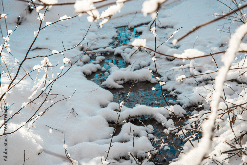 Snowy morning in the winter forest. Sun shines. A partially frozen stream flows. Snowy morning in the winter forest. Sun shines. A partially frozen stream flows.