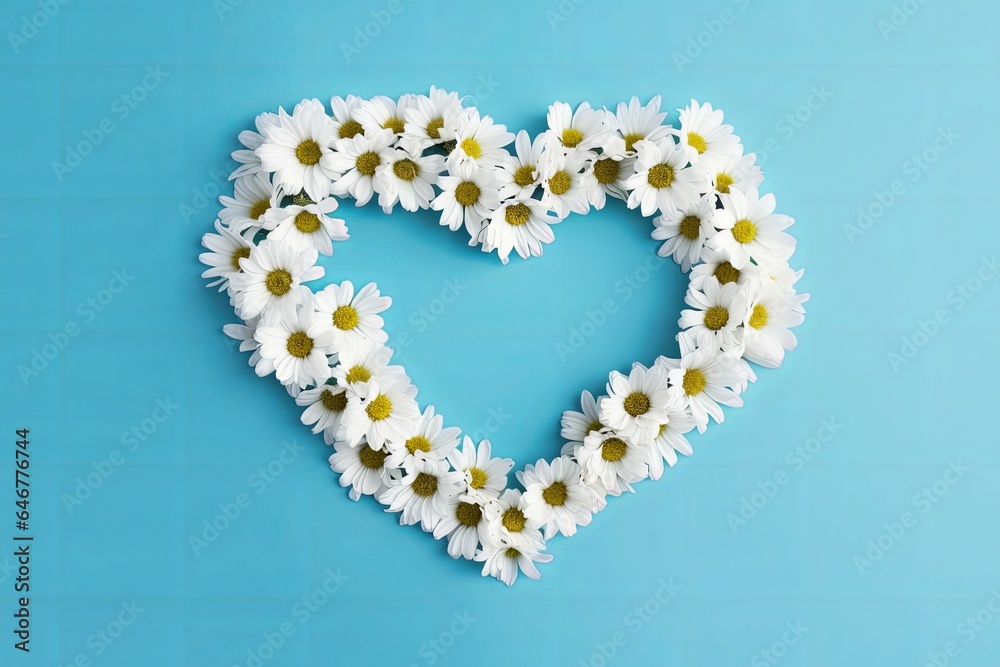 White daisies wreath in the shape of a heart on blue background. Festive background with copy space. Natural floral wallpaper for mother's, father's day, Generative AI