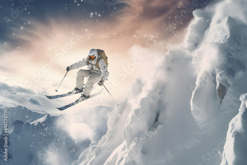 Skier jumping in the snow mountains on the slope with his ski and professional equipment on a sunny day. Jumping skier skiing. Extreme winter sports on mountain. Generative AI