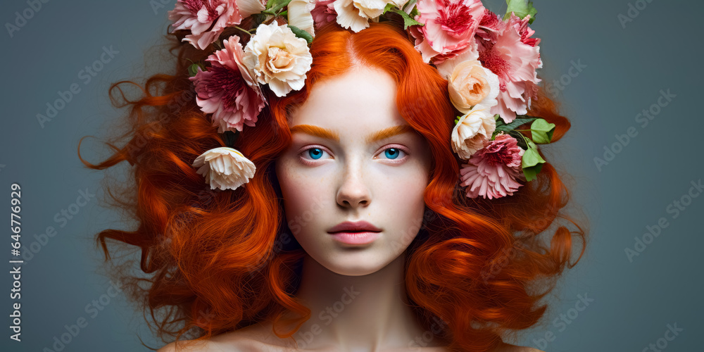 beautiful red-haired girl with flowers in hair and with blue eyes. beauty concept