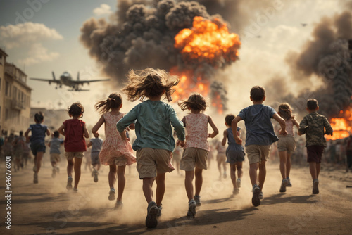 Children run through the streets of the city, fleeing from explosions. AI generation. © Olena Yefremkina