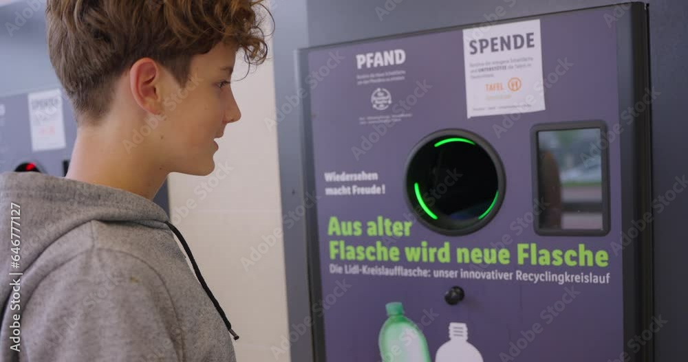 Teenager recycling plastic bottle at automatic machine collector in exchange for money. Plastic