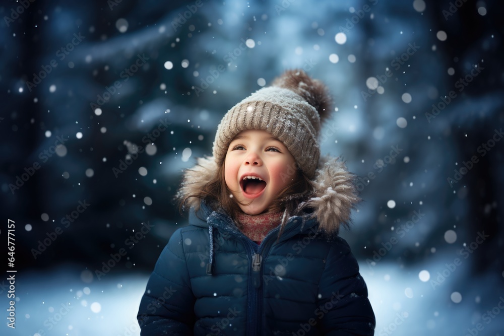 Cute child with happy face wearing a warm hat and warm jacket surrounded with snowflakes. Winter holidays concept. Cute child with happy face wearing a warm hat and warm jacket surrounded with snowflakes. Winter holidays concept.