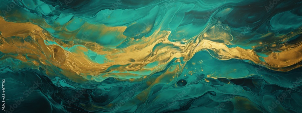 Abstract marbling oil acrylic paint background illustration art wallpaper - Green turquoise gold color with waving waves swirls liquid fluid marbled texture banner painting texture