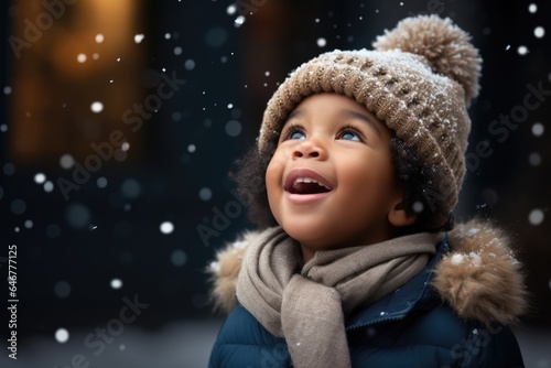 Cute child with happy face wearing a warm hat and warm jacket surrounded with snowflakes. Winter holidays concept. © Maria Tatic