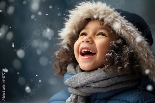 Cute child with happy face wearing a warm hat and warm jacket surrounded with snowflakes. Winter holidays concept.