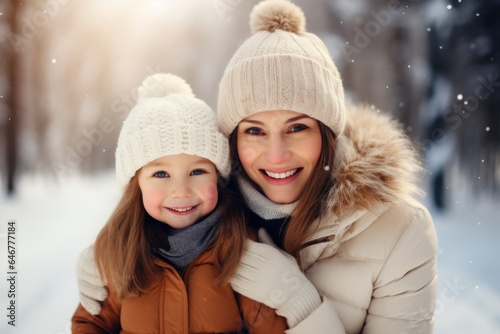 Mother and daughter in winter park wearing a warm hat and warm jacket surrounded with snowflakes. Winter holidays concept.