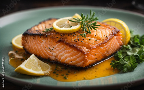 Thick, delicious salmon, salmon, trout steak on a beautiful plate with sauce and lemon. AI generation.