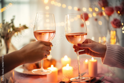 Happy couple toasting with glasses of rose wine celebrating holidays, beautiful Christmas table setting and decoration in the background