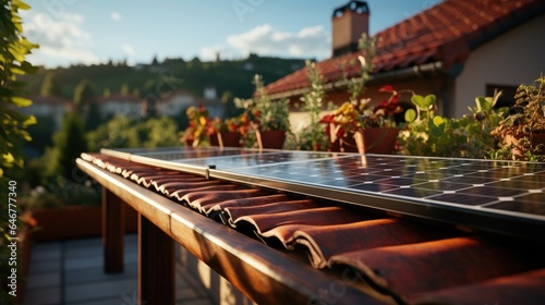 solar panels on the red roof of the house with hot sun
