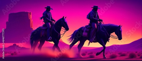 neon punk cowboy riding a horse through the desert, sunset, dust, western