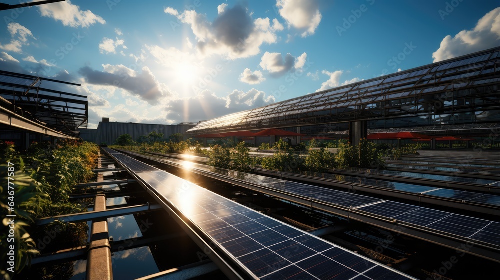 Solar panels on the roof of a modern industrial factory with Sunlight
