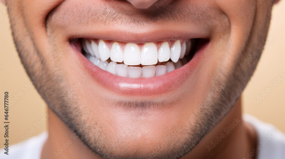 Closeup of smile with white teeth. Dental care, teeth whitening procedure at dentist. Closeup of smile with white teeth. Dental care, teeth whitening procedure at dentist.