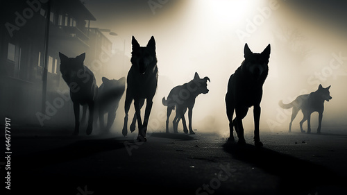 phobia fear horror attack of a pack of dogs in a black and white fog.