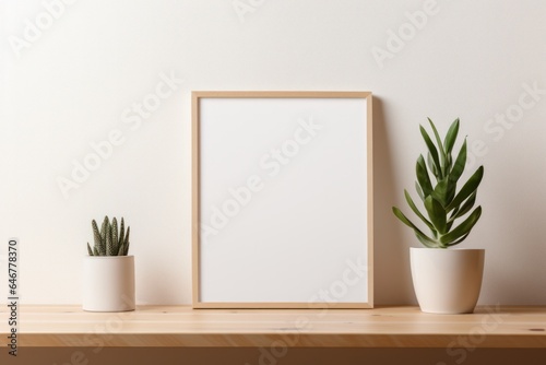 poster frame mockup with a green plant on wooden table, white wall background