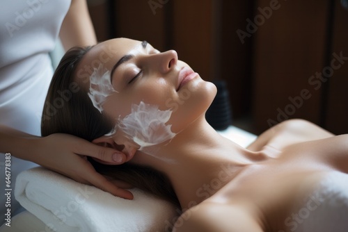 woman in mask on face in spa beauty salon