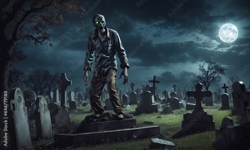 Fototapeta premium Cemetery Full Moon Zombie Halloween Horror Tombstones Artwork ai generated