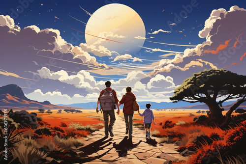 Illustration of and homosexual couple walking with their son
